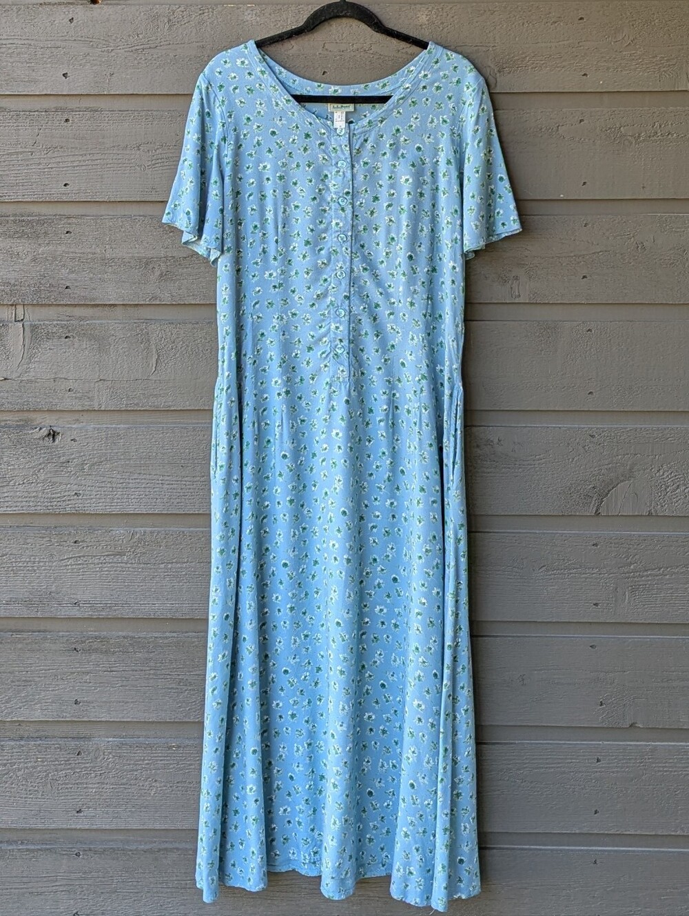 VTG 80s L.L. Bean Blue Green Floral Short-Sleeve Maxi Dress Size 16